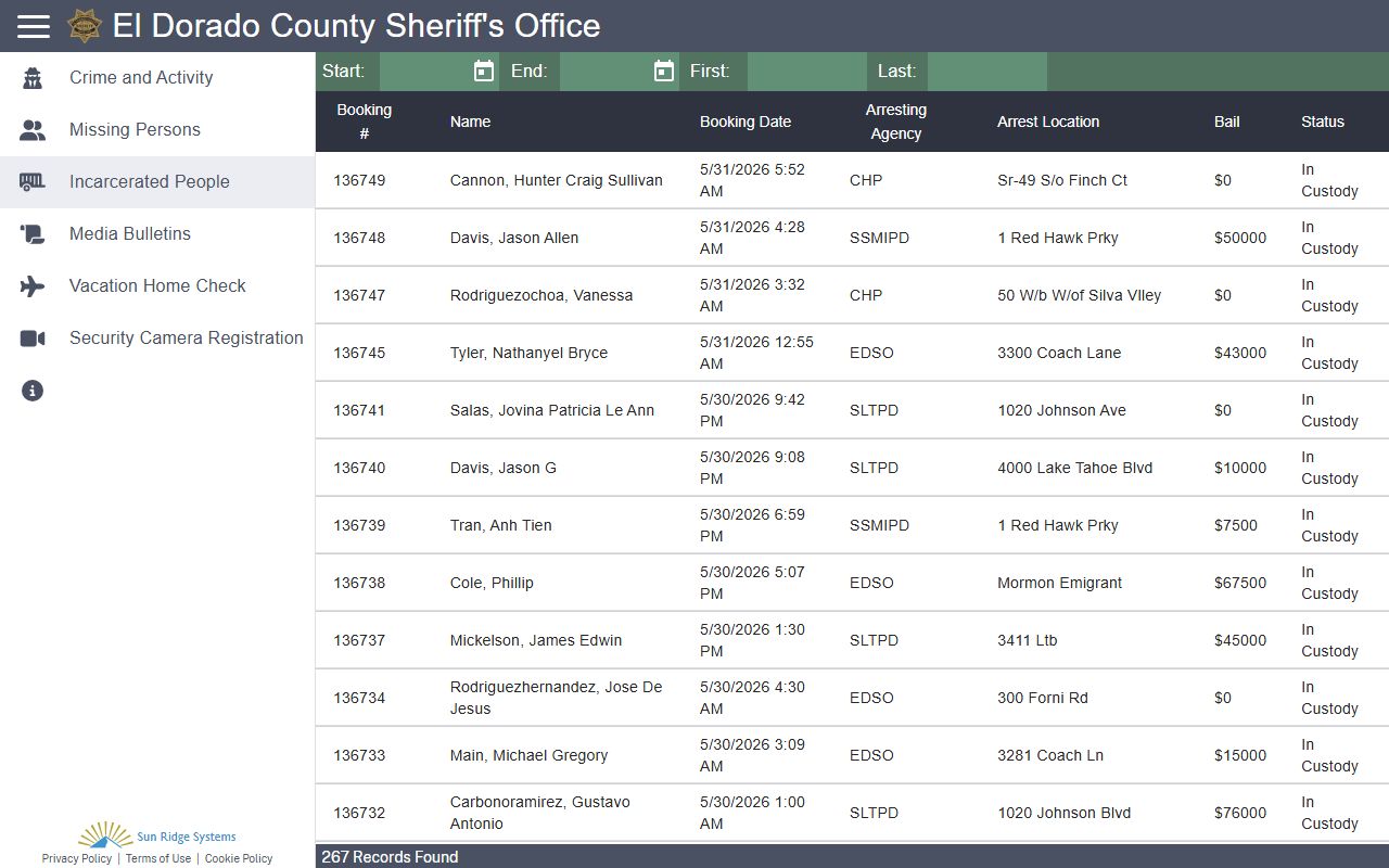 El Dorado County inmate population roster search in Citizen RIMS