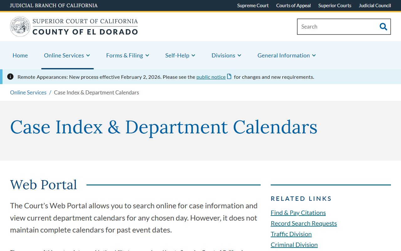 El Dorado Superior Court case index and department calendars page