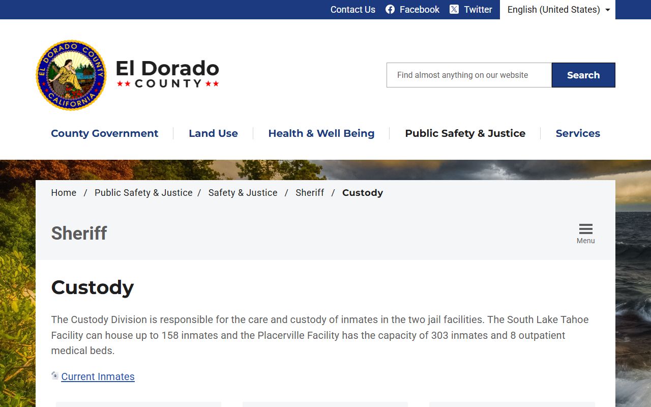 El Dorado County Sheriff's custody page showing the Placerville and South Lake Tahoe jail facilities