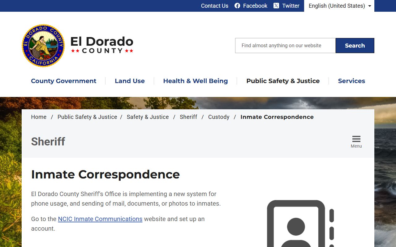 El Dorado County inmate correspondence page with mail, phone, NCIC, and CorrectPay information
