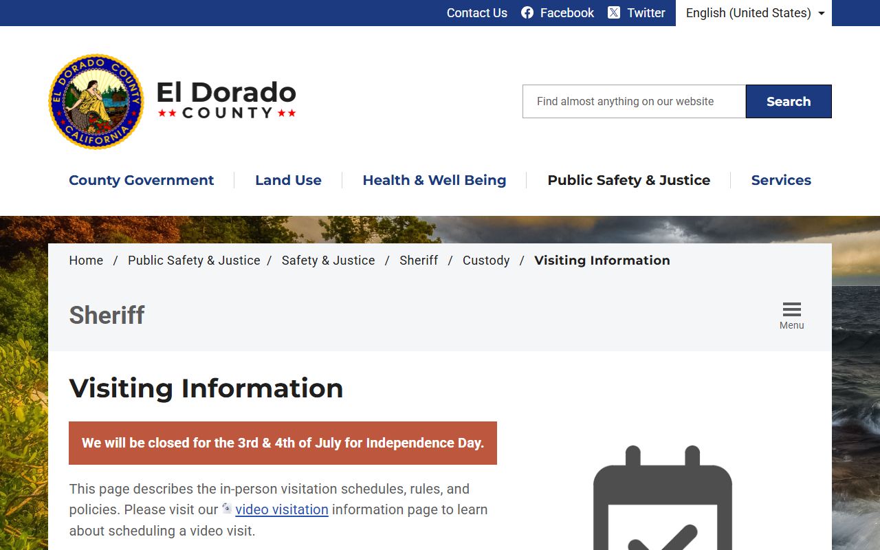 El Dorado County jail visiting schedule page for Placerville and South Lake Tahoe