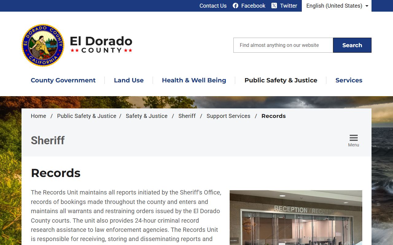 El Dorado County inmate records Sheriff Records Unit page